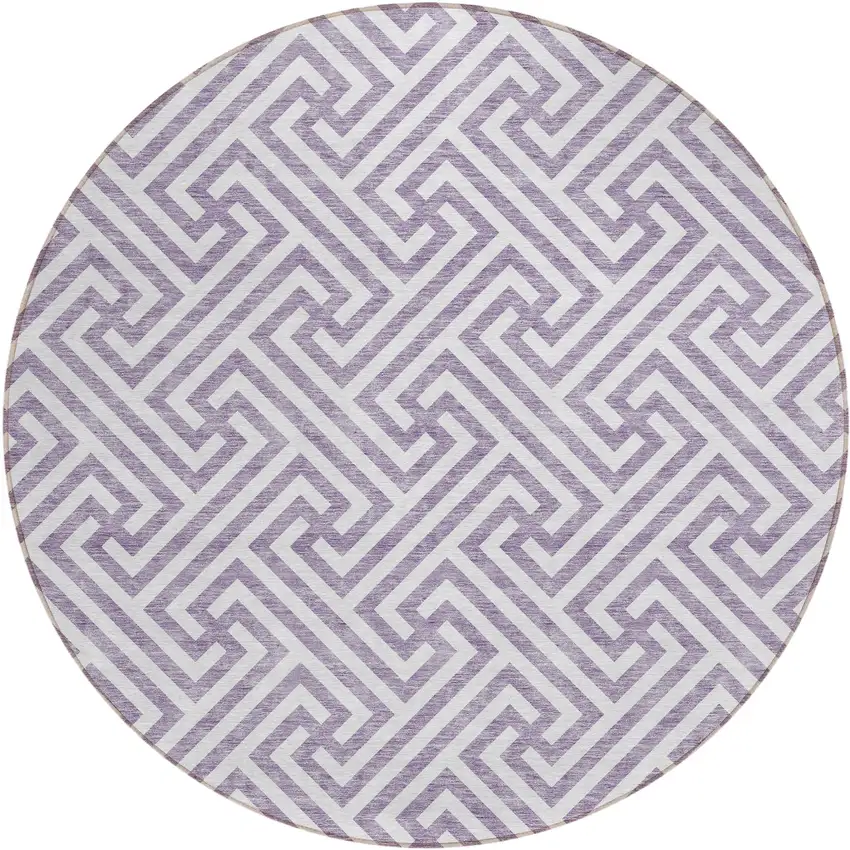 8' Purple And Ivory Round Geometric Washable Indoor Outdoor Area Rug Photo 1