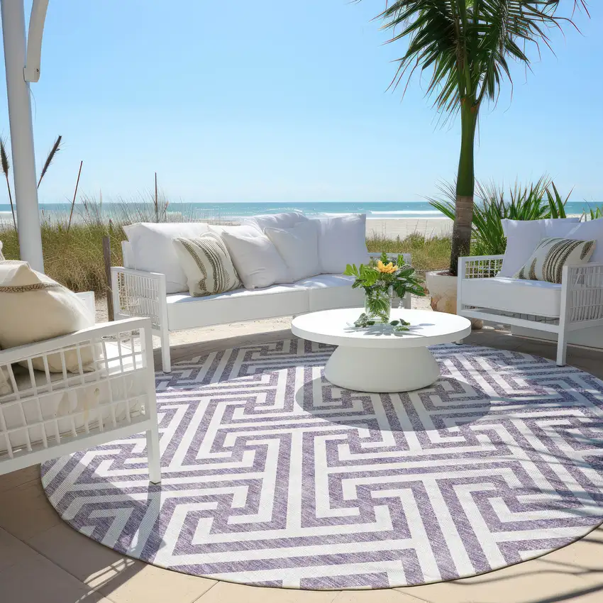 8' Purple And Ivory Round Geometric Washable Indoor Outdoor Area Rug Photo 8