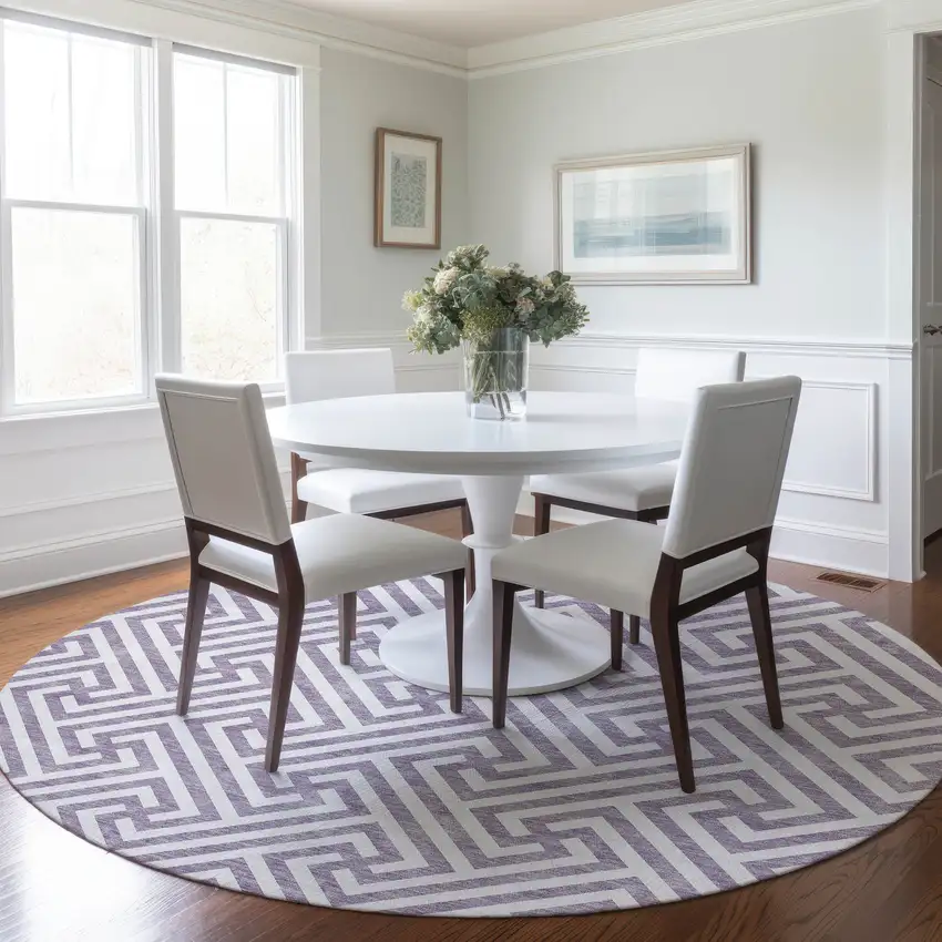 8' Purple And Ivory Round Geometric Washable Indoor Outdoor Area Rug Photo 9