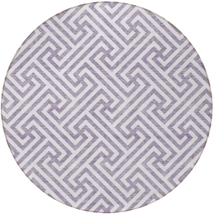 8' Purple And Ivory Round Geometric Washable Indoor Outdoor Area Rug Photo 6