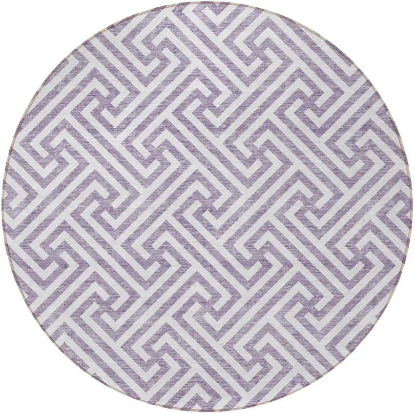 8' Purple And Ivory Round Geometric Washable Indoor Outdoor Area Rug Photo 6