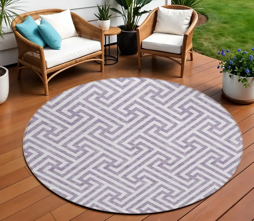 8' Purple And Ivory Round Geometric Washable Indoor Outdoor Area Rug Photo 1