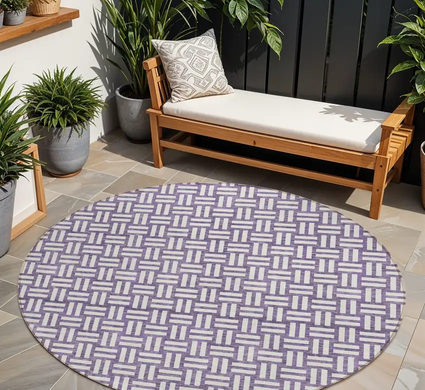 8' Purple And Ivory Round Geometric Washable Indoor Outdoor Area Rug Photo 1