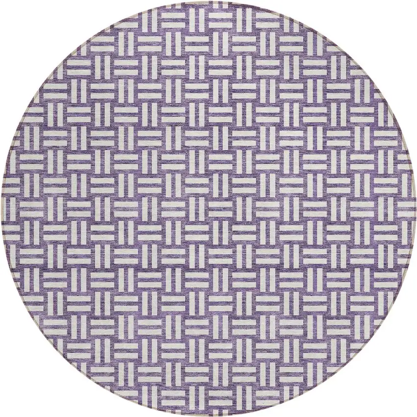 8' Purple And Ivory Round Geometric Washable Indoor Outdoor Area Rug Photo 5