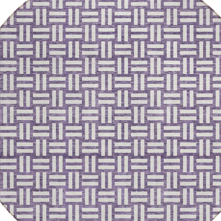 8' Purple And Ivory Round Geometric Washable Indoor Outdoor Area Rug Photo 4