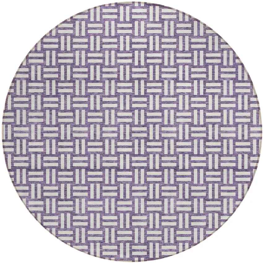 8' Purple And Ivory Round Geometric Washable Indoor Outdoor Area Rug Photo 2