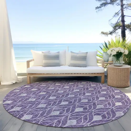8' Purple And Ivory Round Geometric Washable Indoor Outdoor Area Rug Photo 6