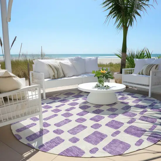 8' Purple And Ivory Round Geometric Washable Indoor Outdoor Area Rug Photo 6