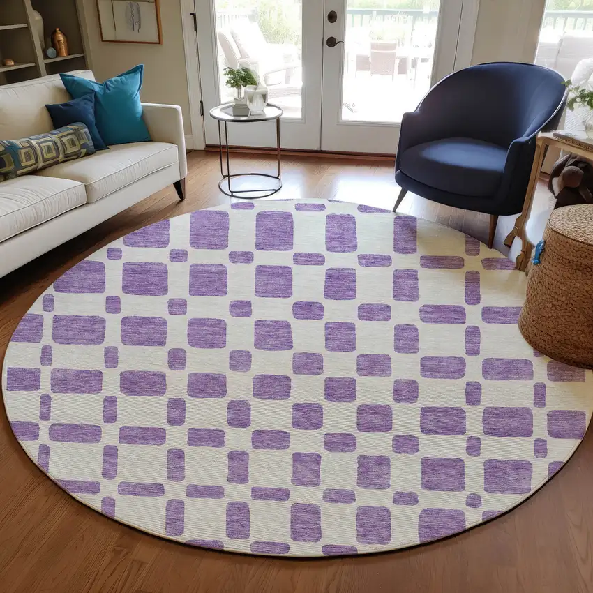 8' Purple And Ivory Round Geometric Washable Indoor Outdoor Area Rug Photo 7