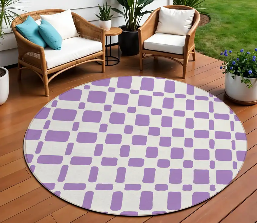 8' Purple And Ivory Round Geometric Washable Indoor Outdoor Area Rug Photo 1