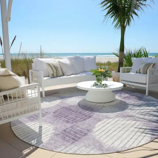 8' Purple And Ivory Round Geometric Washable Indoor Outdoor Area Rug Photo 6