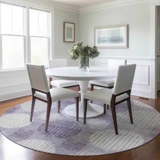 8' Purple And Ivory Round Geometric Washable Indoor Outdoor Area Rug Photo 7