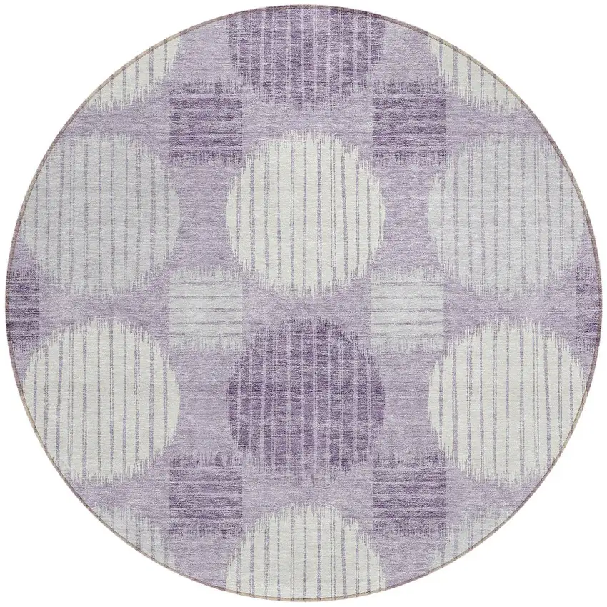 8' Purple And Ivory Round Geometric Washable Indoor Outdoor Area Rug Photo 5