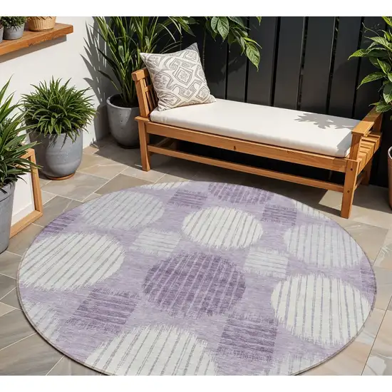 8' Purple And Ivory Round Geometric Washable Indoor Outdoor Area Rug Photo 1
