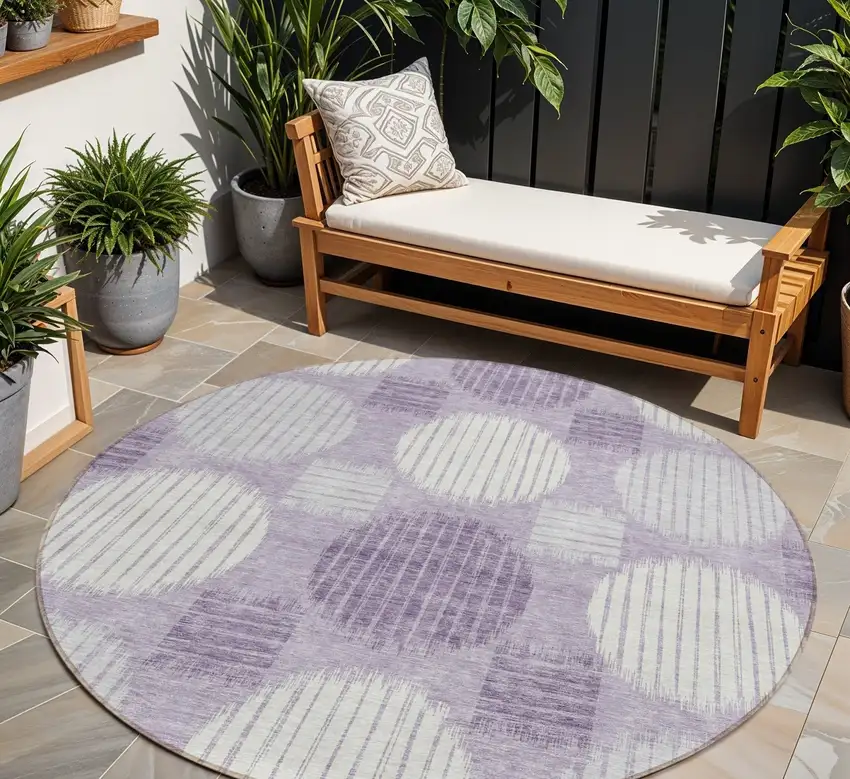 8' Purple And Ivory Round Geometric Washable Indoor Outdoor Area Rug Photo 1