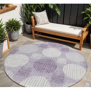 Photo of 8' Purple And Ivory Round Geometric Washable Indoor Outdoor Area Rug