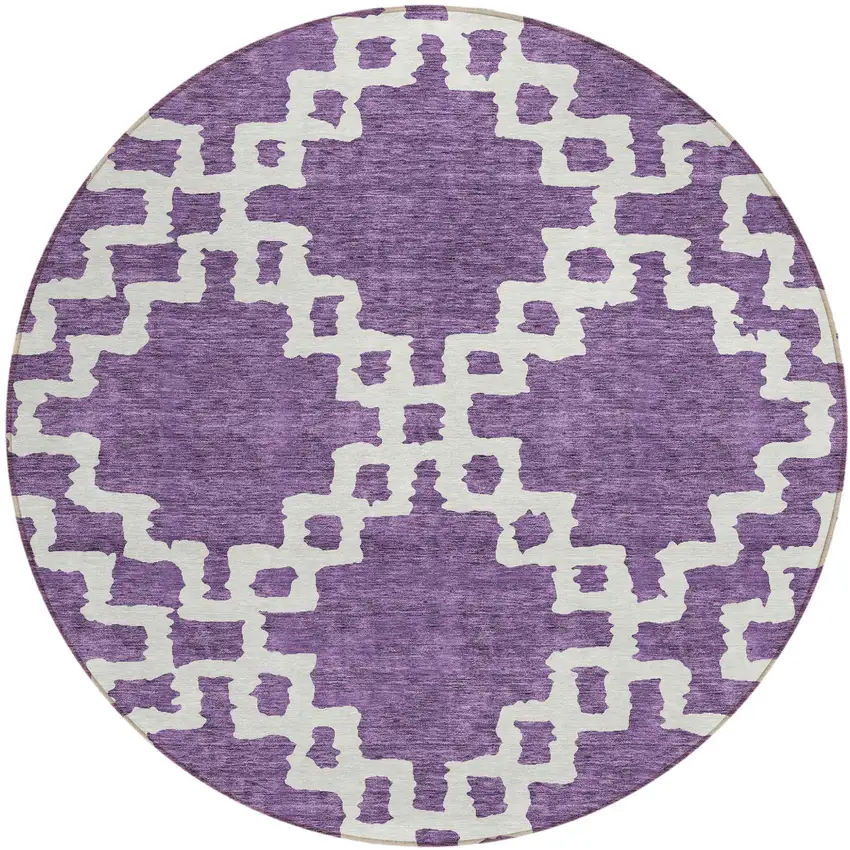 8' Purple And Ivory Round Geometric Washable Indoor Outdoor Area Rug Photo 2