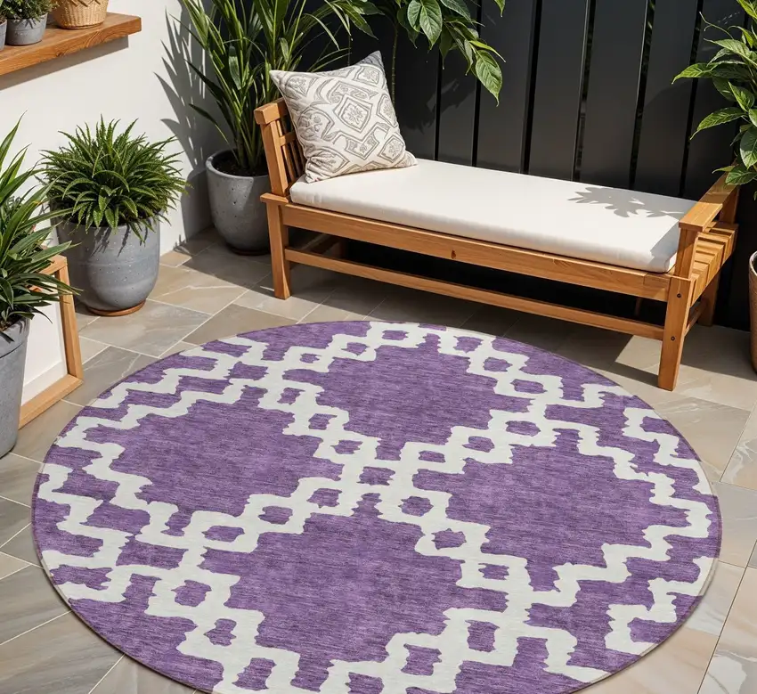 8' Purple And Ivory Round Geometric Washable Indoor Outdoor Area Rug Photo 1
