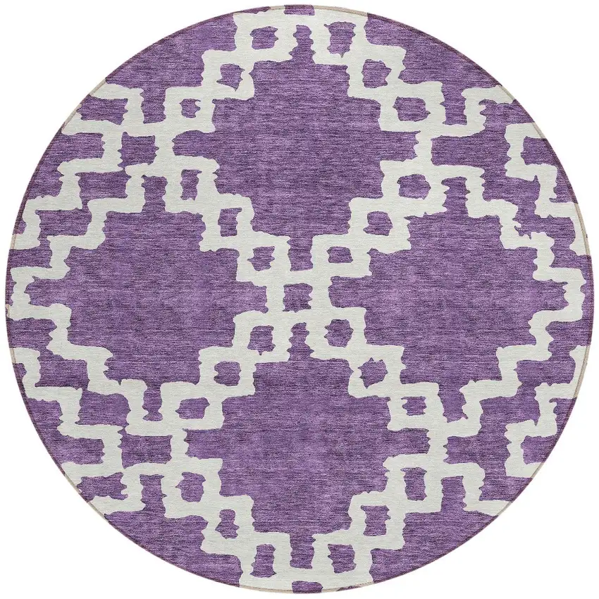 8' Purple And Ivory Round Geometric Washable Indoor Outdoor Area Rug Photo 5
