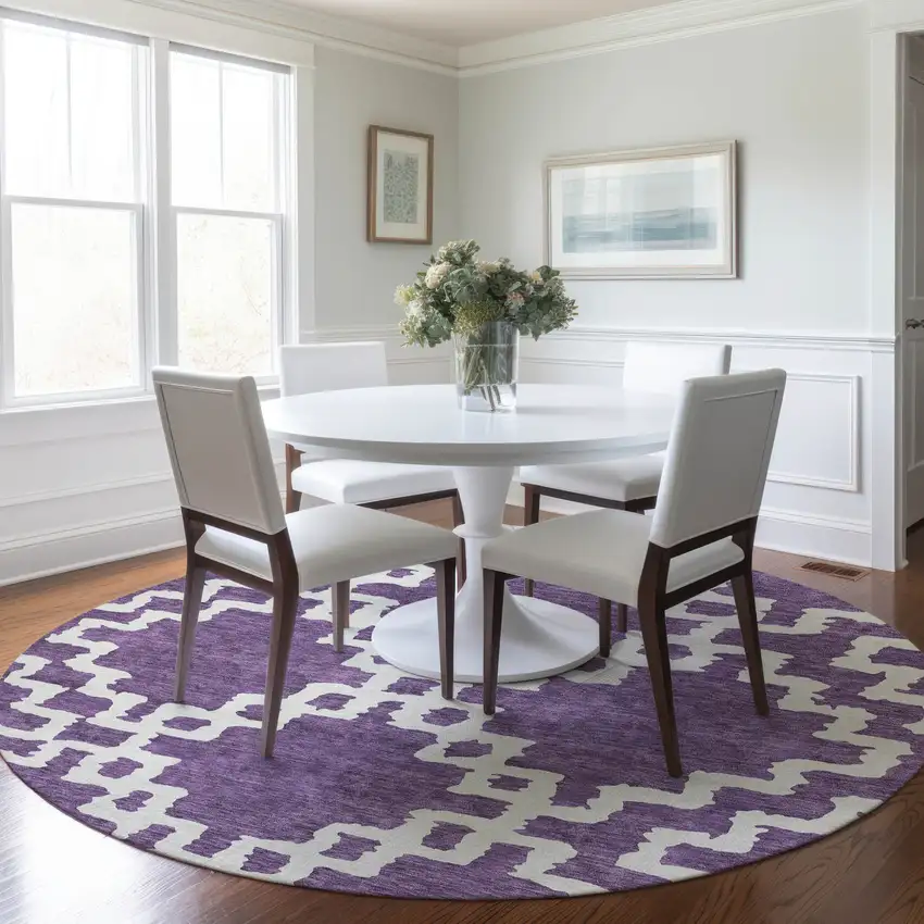 8' Purple And Ivory Round Geometric Washable Indoor Outdoor Area Rug Photo 7