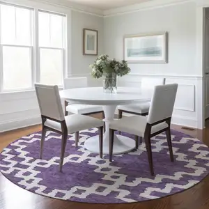 Photo of 8' Purple And Ivory Round Geometric Washable Indoor Outdoor Area Rug