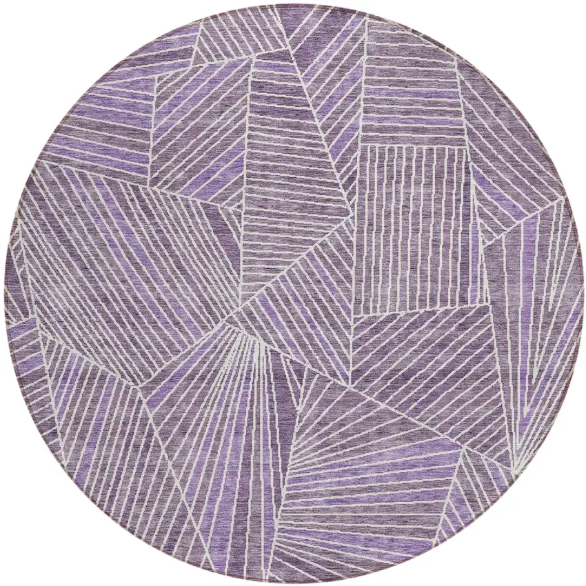 8' Purple And Ivory Round Geometric Washable Indoor Outdoor Area Rug Photo 2