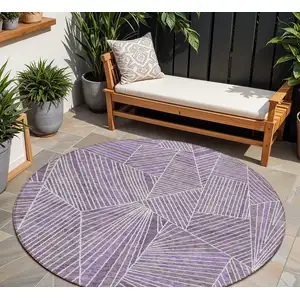 Photo of 8' Purple And Ivory Round Geometric Washable Indoor Outdoor Area Rug