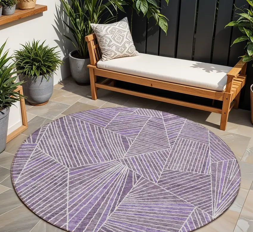 8' Purple And Ivory Round Geometric Washable Indoor Outdoor Area Rug Photo 1