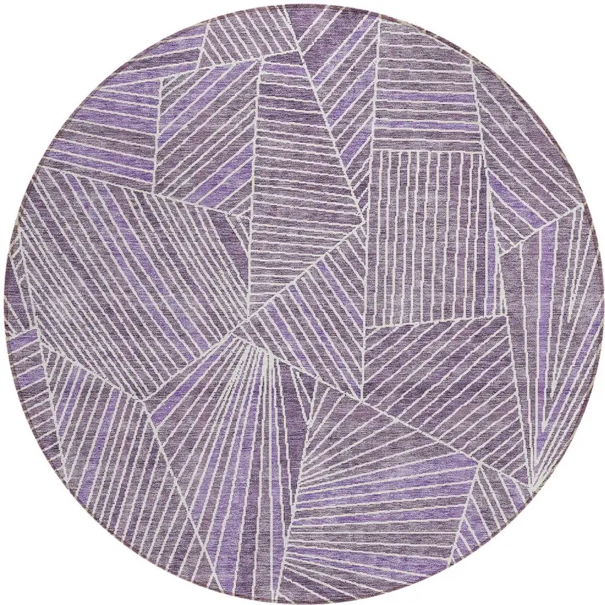 8' Purple And Ivory Round Geometric Washable Indoor Outdoor Area Rug Photo 6