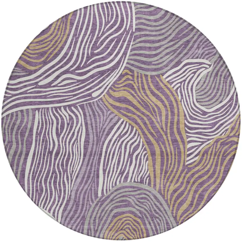8' Purple And Ivory Round Ikat Washable Indoor Outdoor Area Rug Photo 1