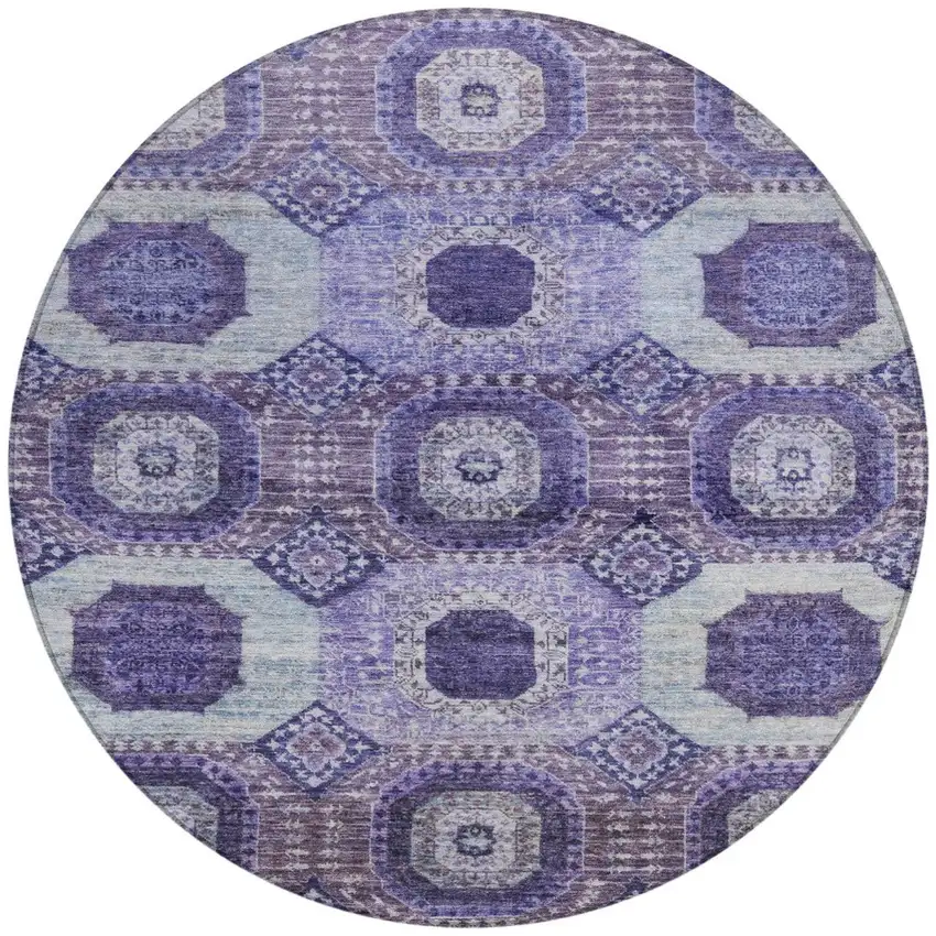 8' Purple And Ivory Round Medallion Washable Indoor Outdoor Area Rug Photo 3