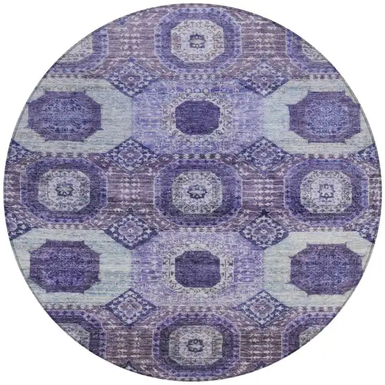 8' Purple And Ivory Round Medallion Washable Indoor Outdoor Area Rug Photo 3
