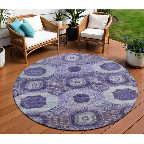 8' Purple And Ivory Round Medallion Washable Indoor Outdoor Area Rug Photo 2