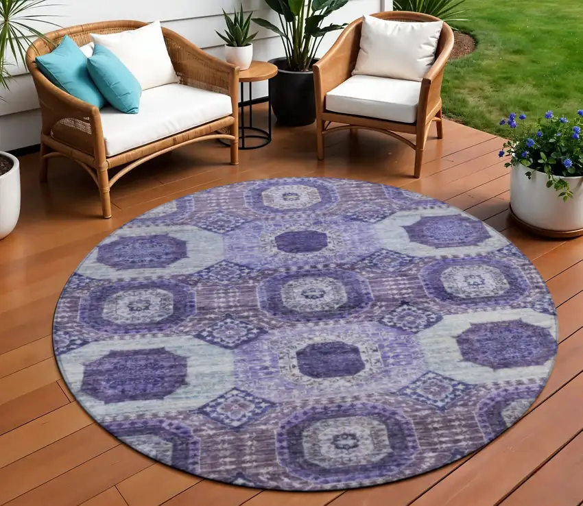 8' Purple And Ivory Round Medallion Washable Indoor Outdoor Area Rug Photo 2