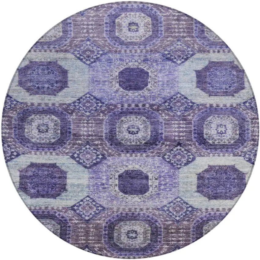 8' Purple And Ivory Round Medallion Washable Indoor Outdoor Area Rug Photo 1