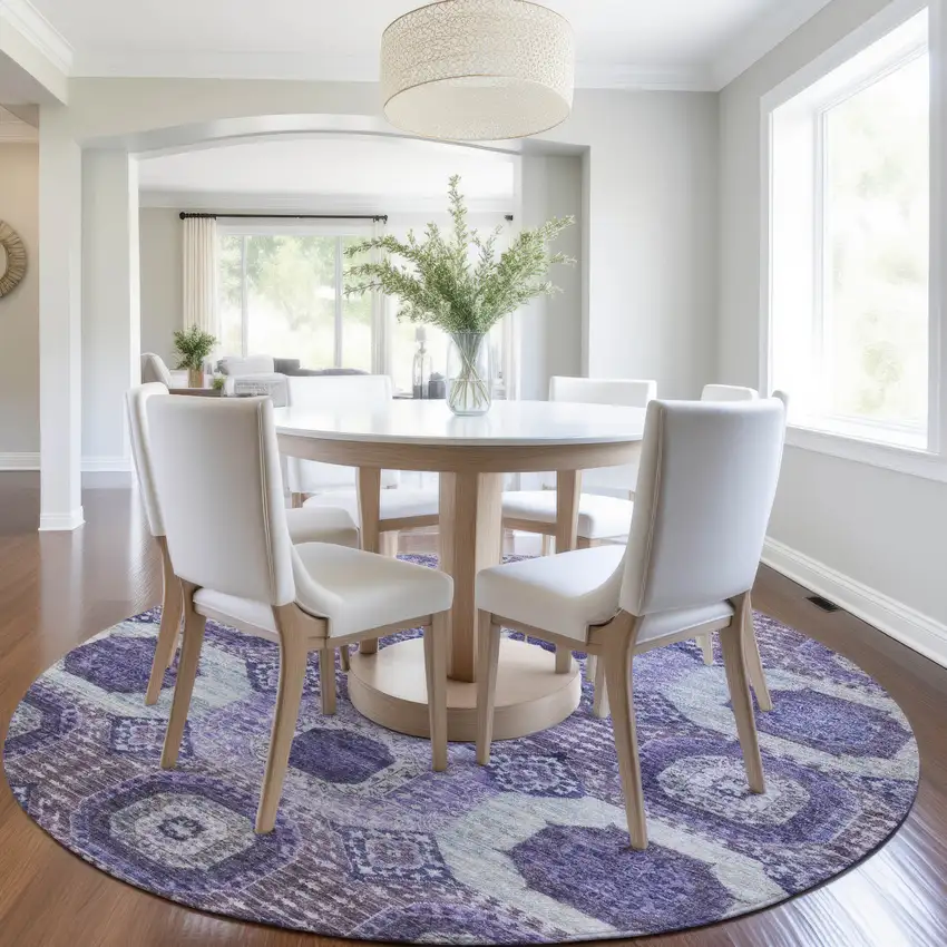 8' Purple And Ivory Round Medallion Washable Indoor Outdoor Area Rug Photo 6