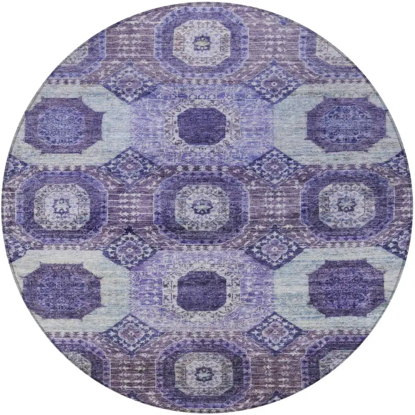8' Purple And Ivory Round Medallion Washable Indoor Outdoor Area Rug Photo 4