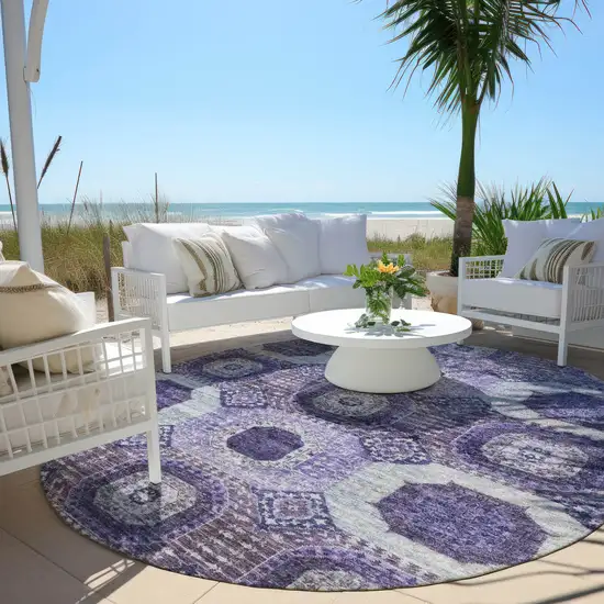 8' Purple And Ivory Round Medallion Washable Indoor Outdoor Area Rug Photo 5