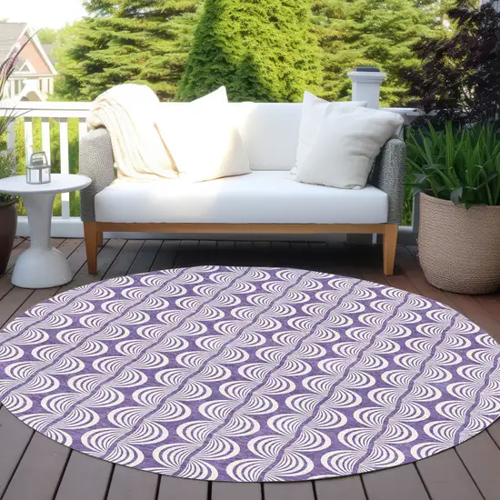 8' Purple And Ivory Round Ogee Washable Indoor Outdoor Area Rug Photo 7