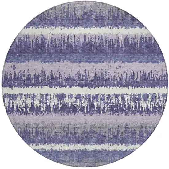 8' Purple And Ivory Round Striped Washable Indoor Outdoor Area Rug Photo 5