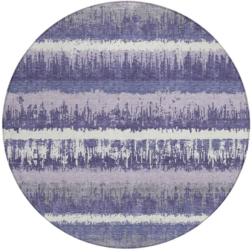 8' Purple And Ivory Round Striped Washable Indoor Outdoor Area Rug Photo 5