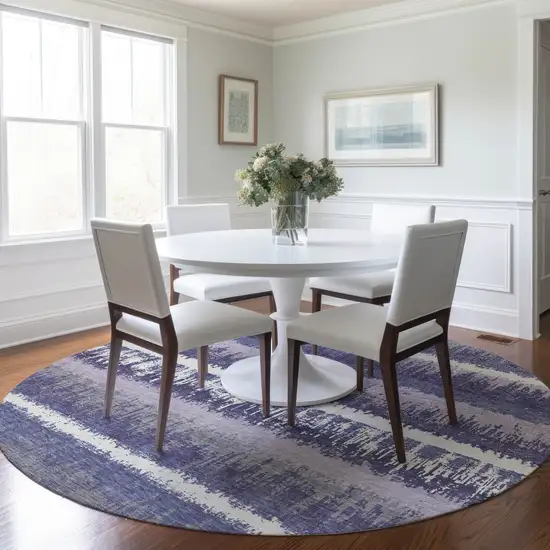 8' Purple And Ivory Round Striped Washable Indoor Outdoor Area Rug Photo 6