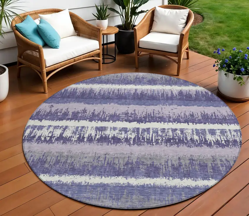 8' Purple And Ivory Round Striped Washable Indoor Outdoor Area Rug Photo 1