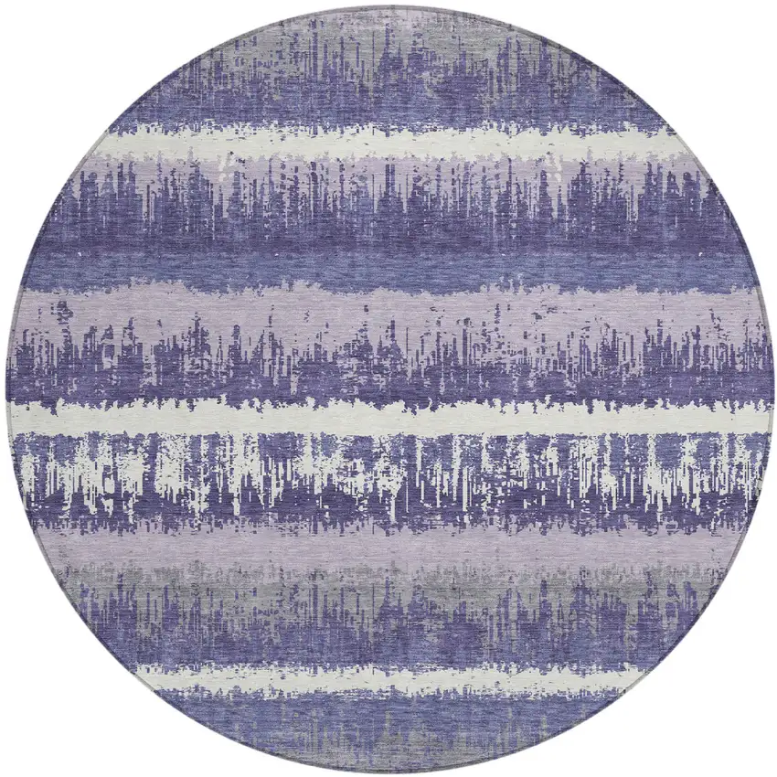 8' Purple And Ivory Round Striped Washable Indoor Outdoor Area Rug Photo 2