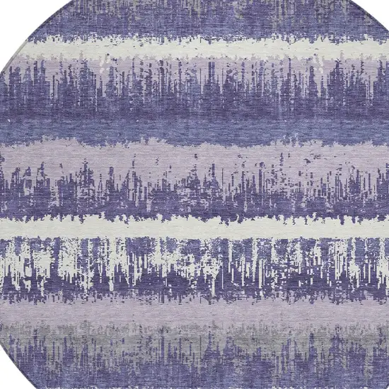 8' Purple And Ivory Round Striped Washable Indoor Outdoor Area Rug Photo 4