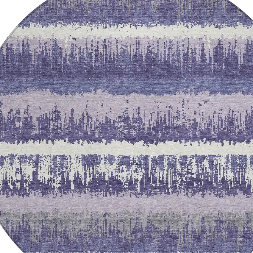 8' Purple And Ivory Round Striped Washable Indoor Outdoor Area Rug Photo 4