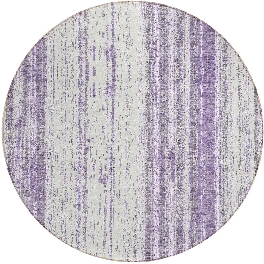 8' Purple And Ivory Round Striped Washable Indoor Outdoor Area Rug Photo 5