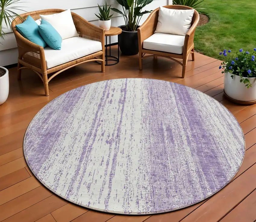 8' Purple And Ivory Round Striped Washable Indoor Outdoor Area Rug Photo 1