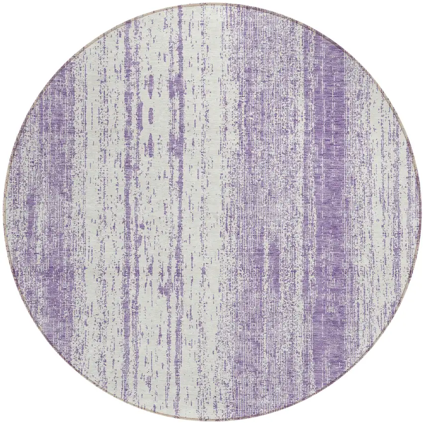 8' Purple And Ivory Round Striped Washable Indoor Outdoor Area Rug Photo 2