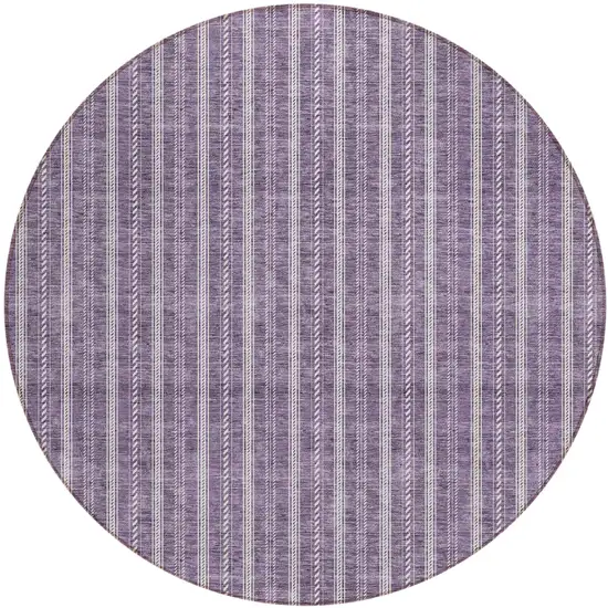 8' Purple And Ivory Round Striped Washable Indoor Outdoor Area Rug Photo 2